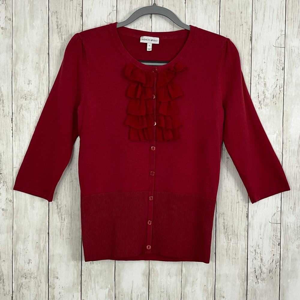 Fashion Bug Red 3/4 Sleeve Button Ruffle Accent Knit Pullover Sweater Small